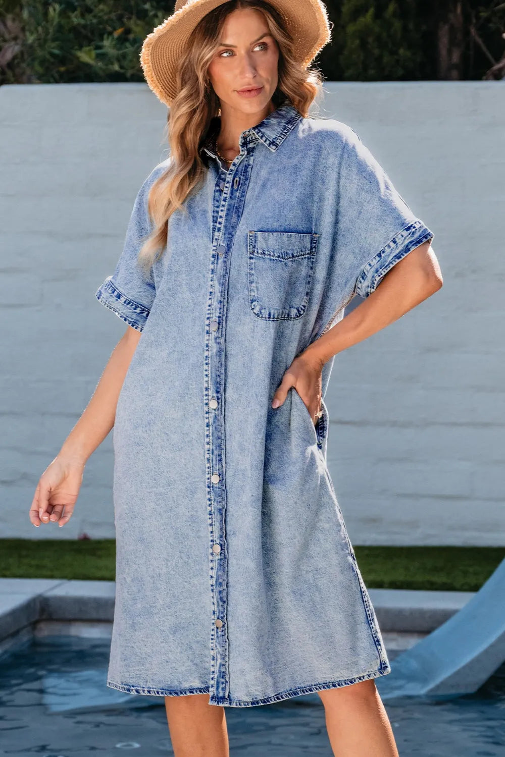 Pocketed Button Up Half Sleeve Denim Dress - Wellen Fashion