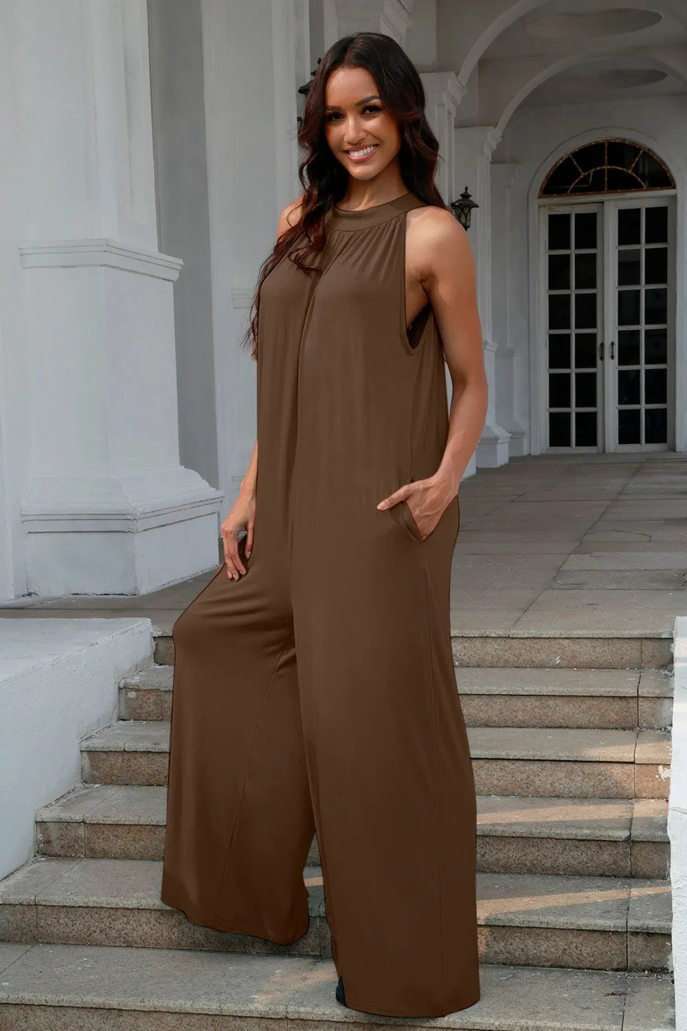 Double Take Full Size Tie Back Cutout Sleeveless Jumpsuit - Wellen Fashion