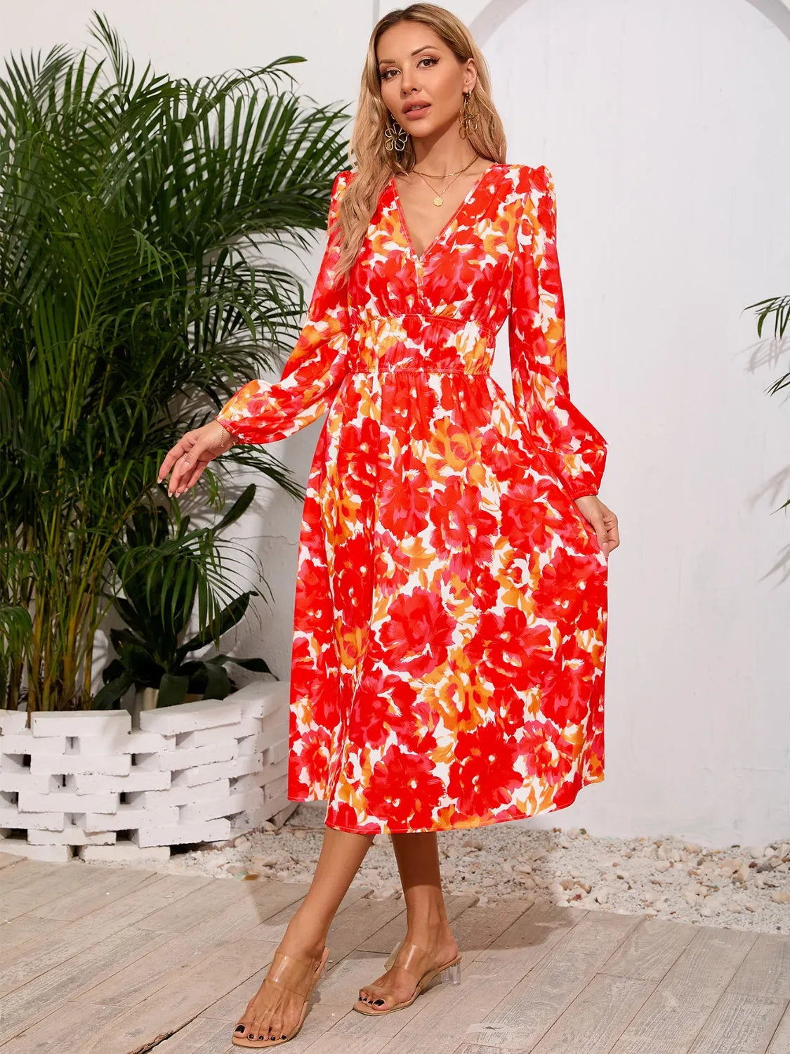 Printed Surplice Long Sleeve Midi Dress - Wellen Fashion