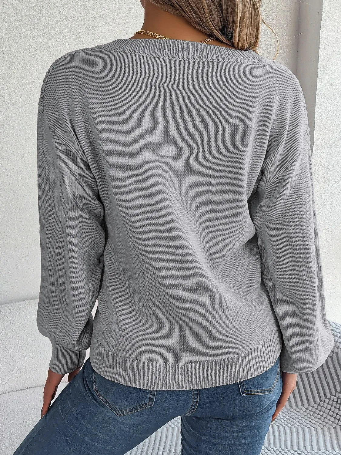 Cable-Knit V-Neck Lantern Sleeve Sweater - Wellen Fashion