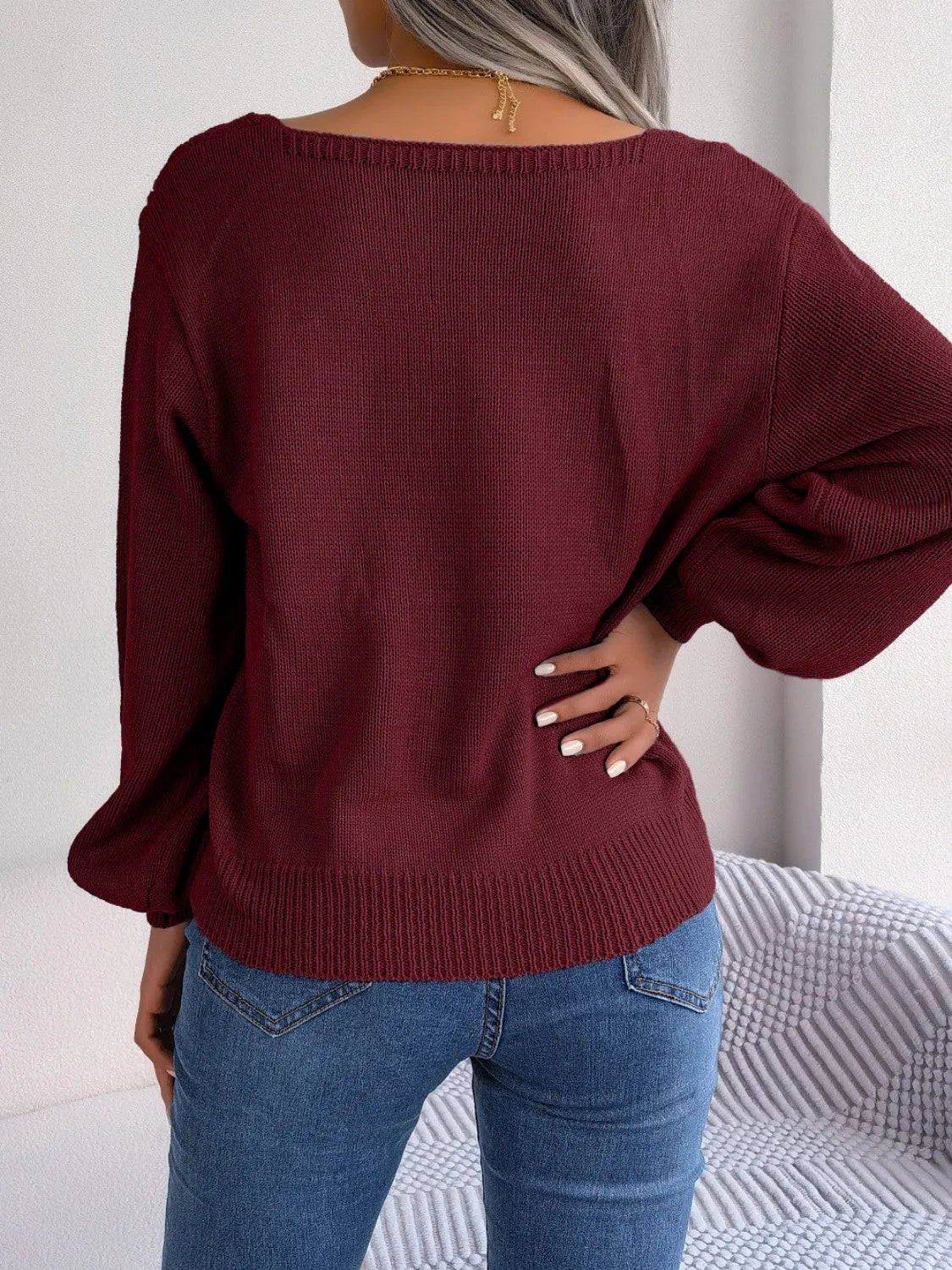 Cable-Knit Square Neck Long Sleeve Sweater - Wellen Fashion