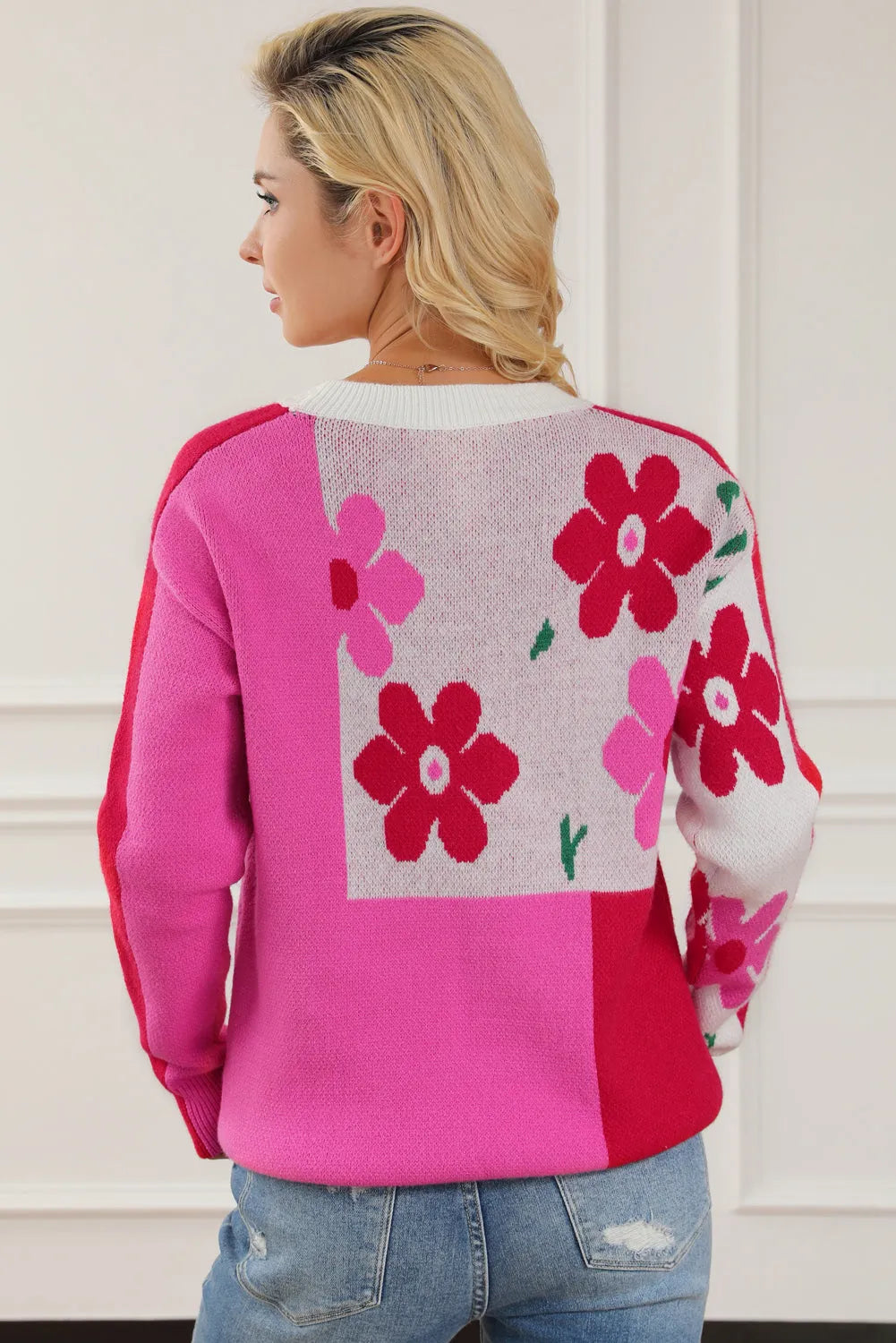 Floral Round Neck Dropped Shoulder Sweater - Wellen Fashion