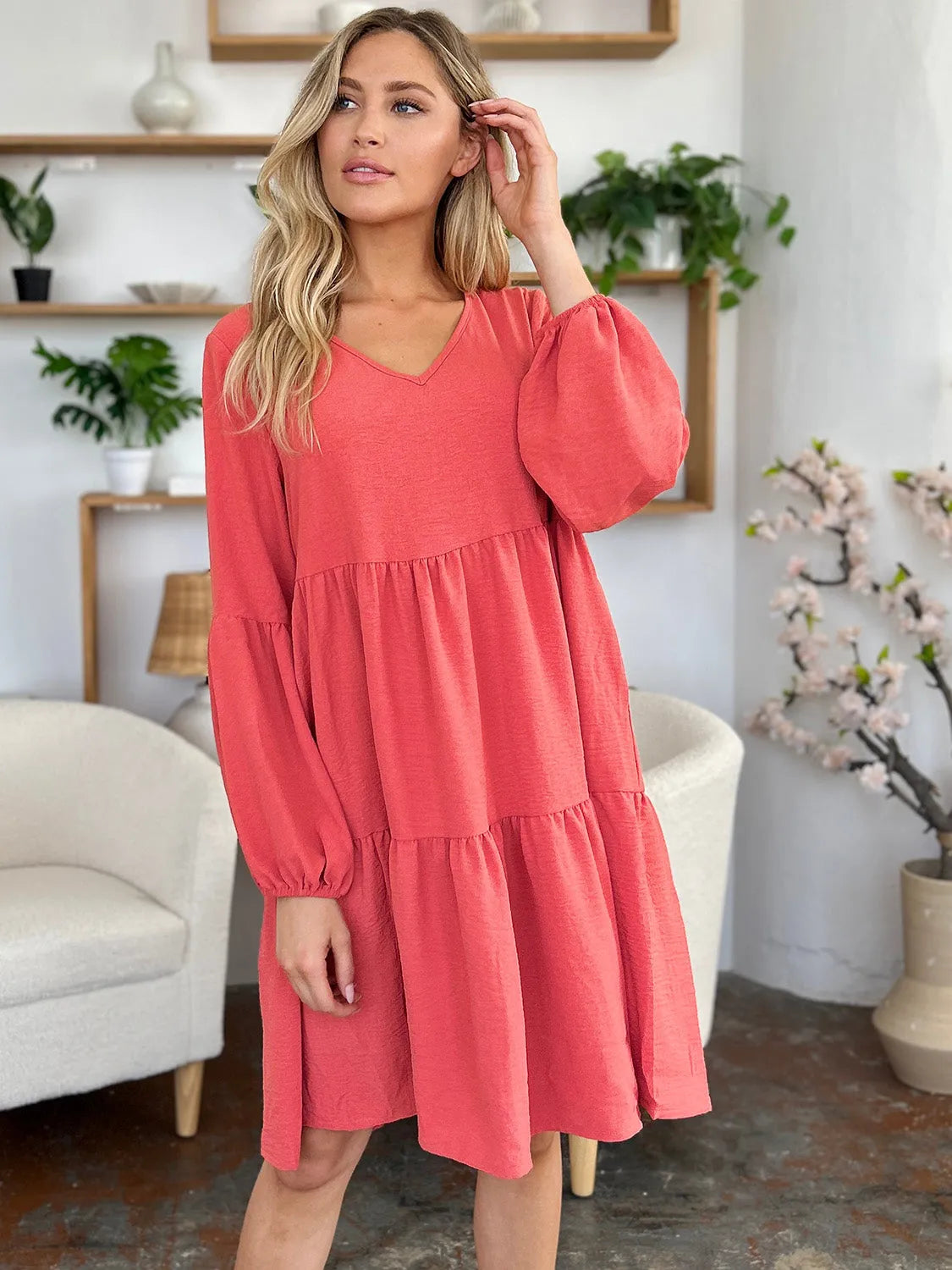 Double Take Full Size V-Neck Balloon Sleeve Tiered Dress with Pockets - Wellen Fashion