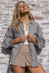 POL Button Down Raw Hem Distressed Shacket - Wellen Fashion