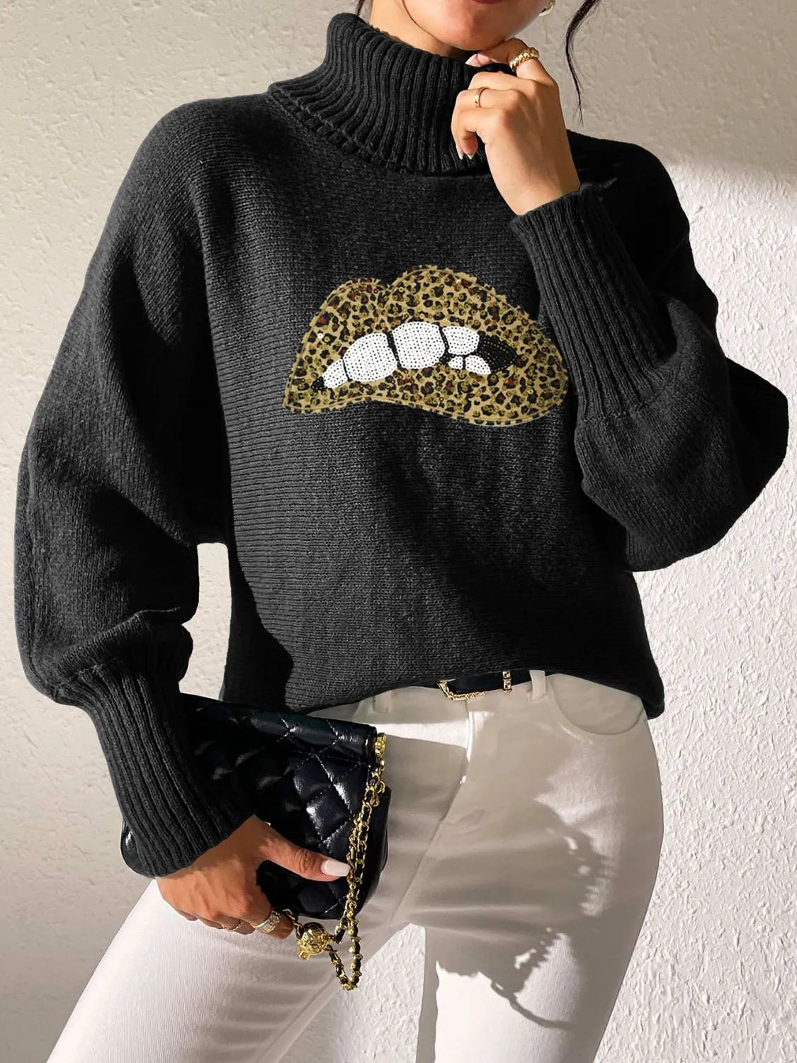 Lip Turtleneck Long Sleeve Sweater - Wellen Fashion