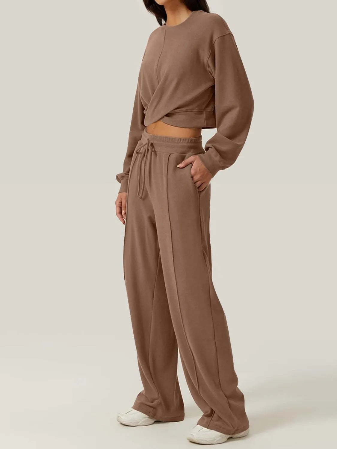 Crisscross Round Neck Top and Drawstring Pants Set - Wellen Fashion