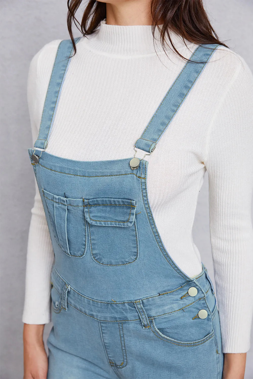 Distressed Washed Denim Overalls with Pockets - Wellen Fashion