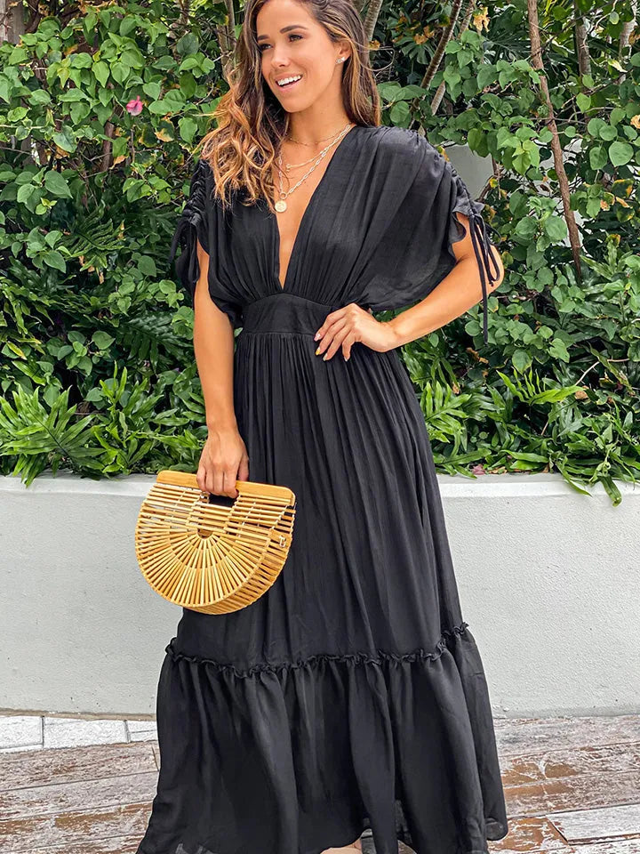 Plunge Neck Tie Sleeve Maxi Dress - Wellen Fashion