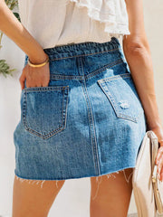 Button-Fly Distressed Raw Hem Denim Skirt - Wellen Fashion