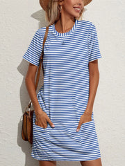 FAM-FAM Pocketed Striped Round Neck Short Sleeve Dress - Wellen Fashion