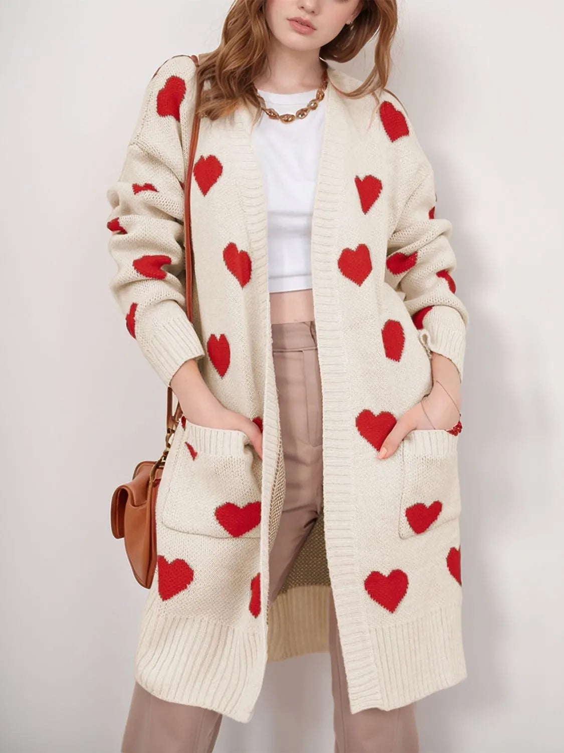 Heart Open Front Long Sleeve Cardigan - Wellen Fashion