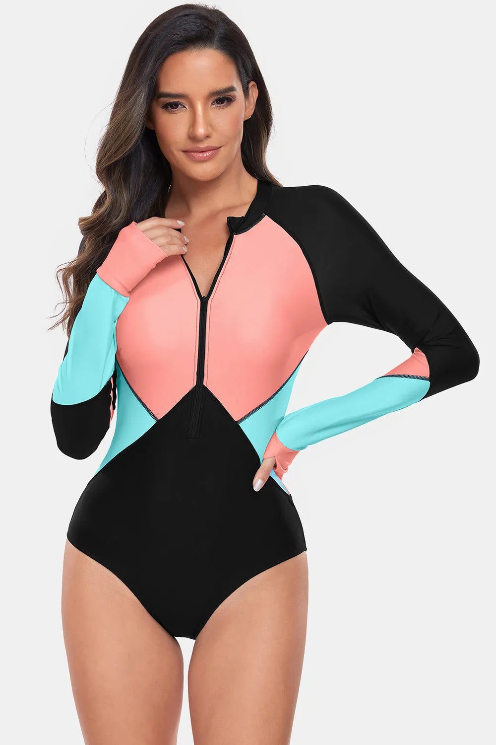 Color Block Half Zip Long Sleeve One-Piece Swimwear - Wellen Fashion