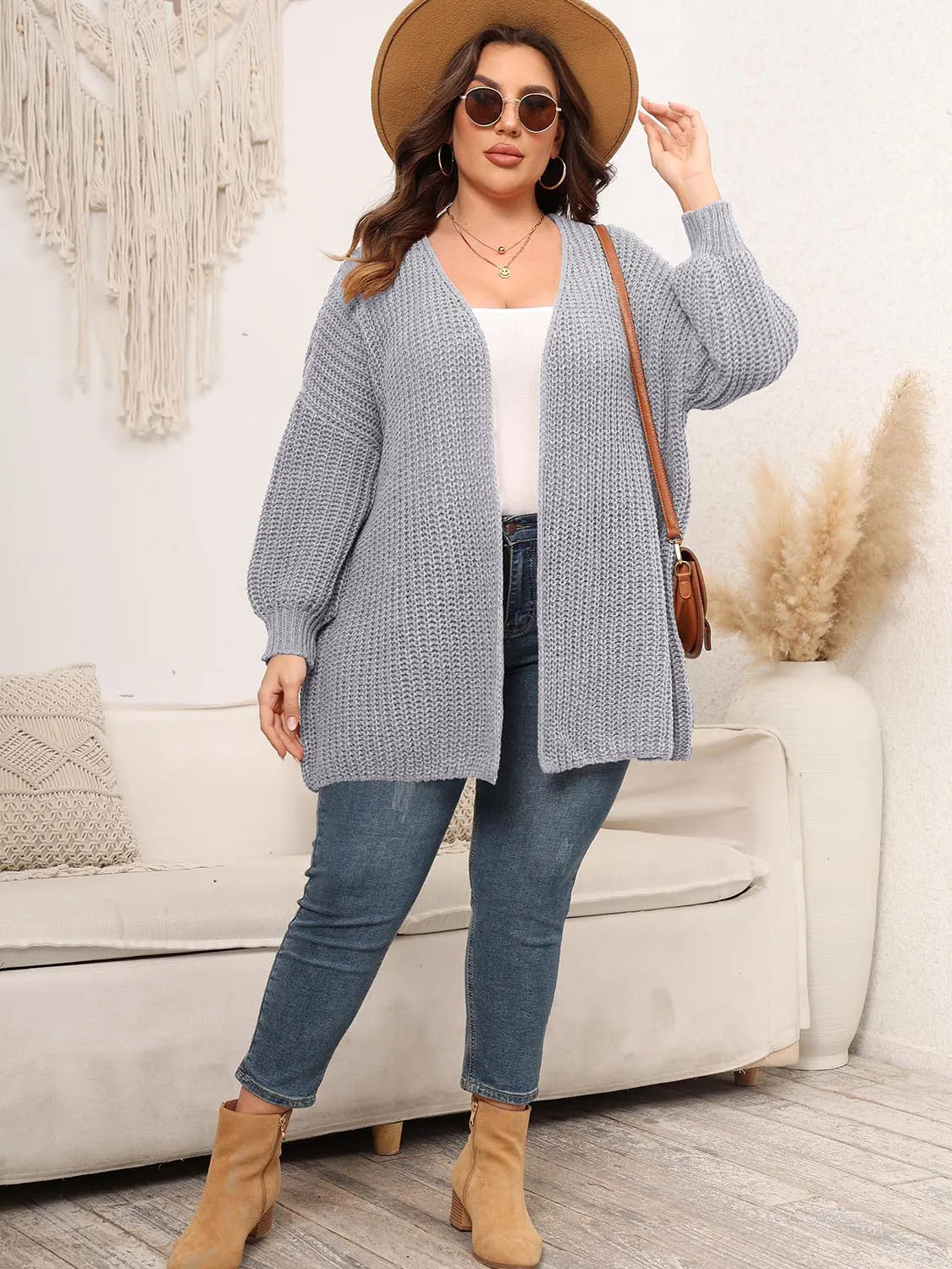 Plus Size Open Front Dropped Shoulder Knit Cardigan - Wellen Fashion