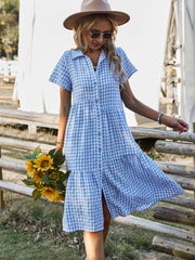 Button Up Plaid Short Sleeve Midi Dress - Wellen Fashion