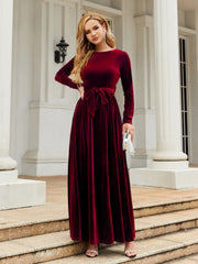 Tie Front Round Neck Long Sleeve Maxi Dress - Wellen Fashion