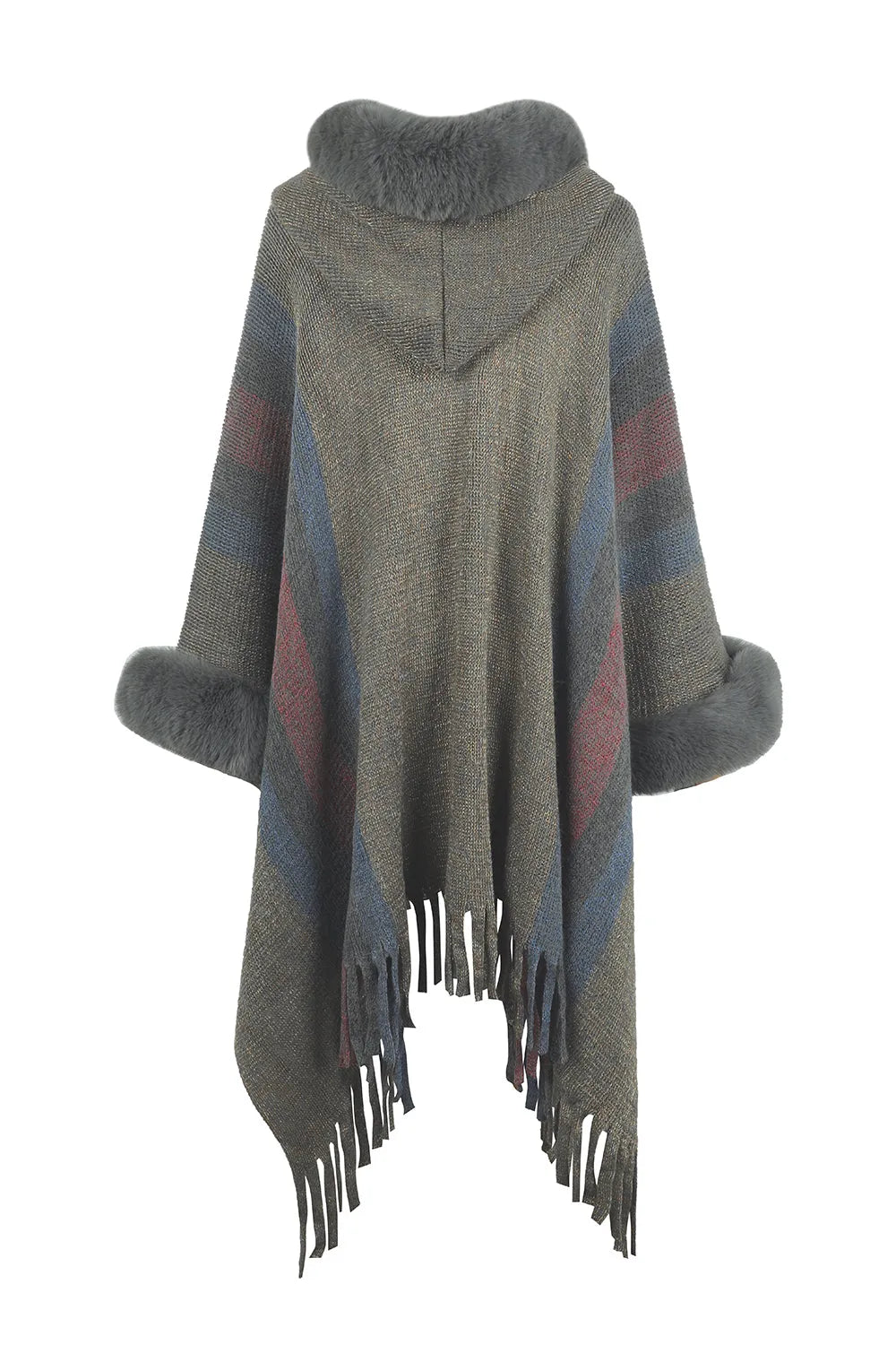 Color Block Fringe Detail Poncho - Wellen Fashion