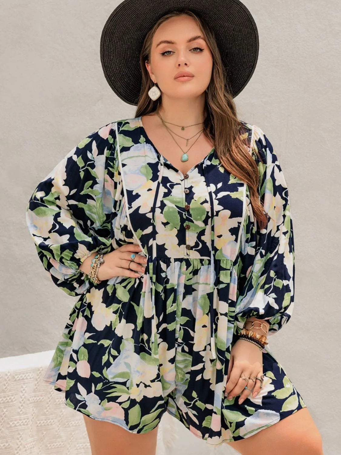 Plus Size Tied Printed Long Sleeve Romper - Wellen Fashion