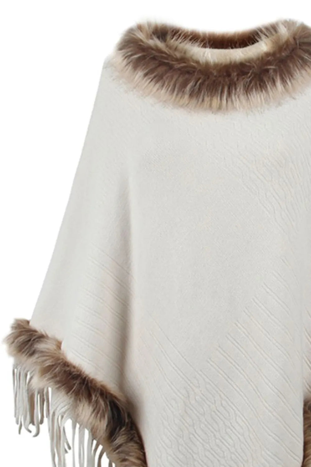 Faux Fur Trim Fringed Poncho - Wellen Fashion