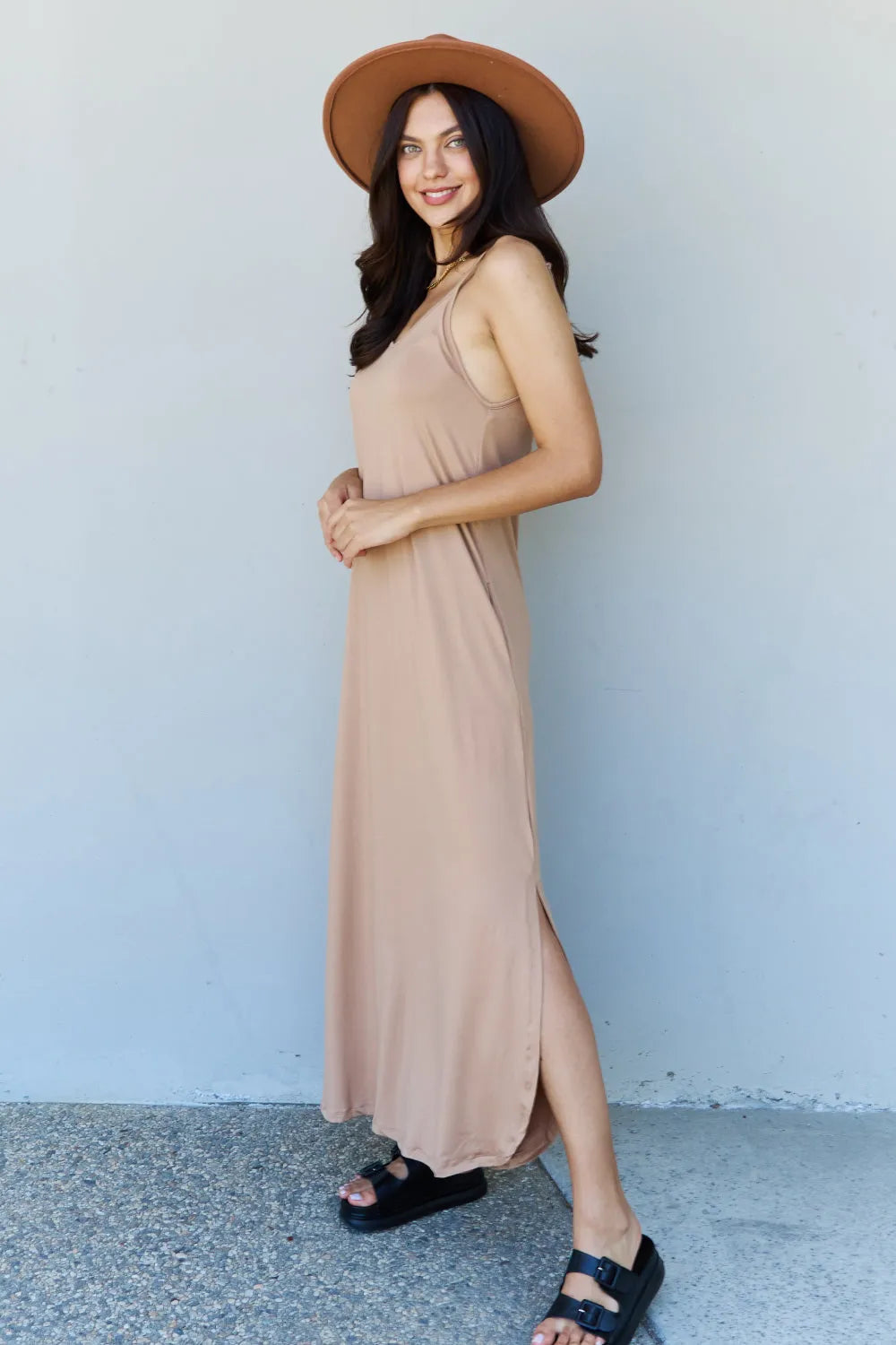 Ninexis Good Energy Full Size Cami Side Slit Maxi Dress in Camel - Wellen Fashion