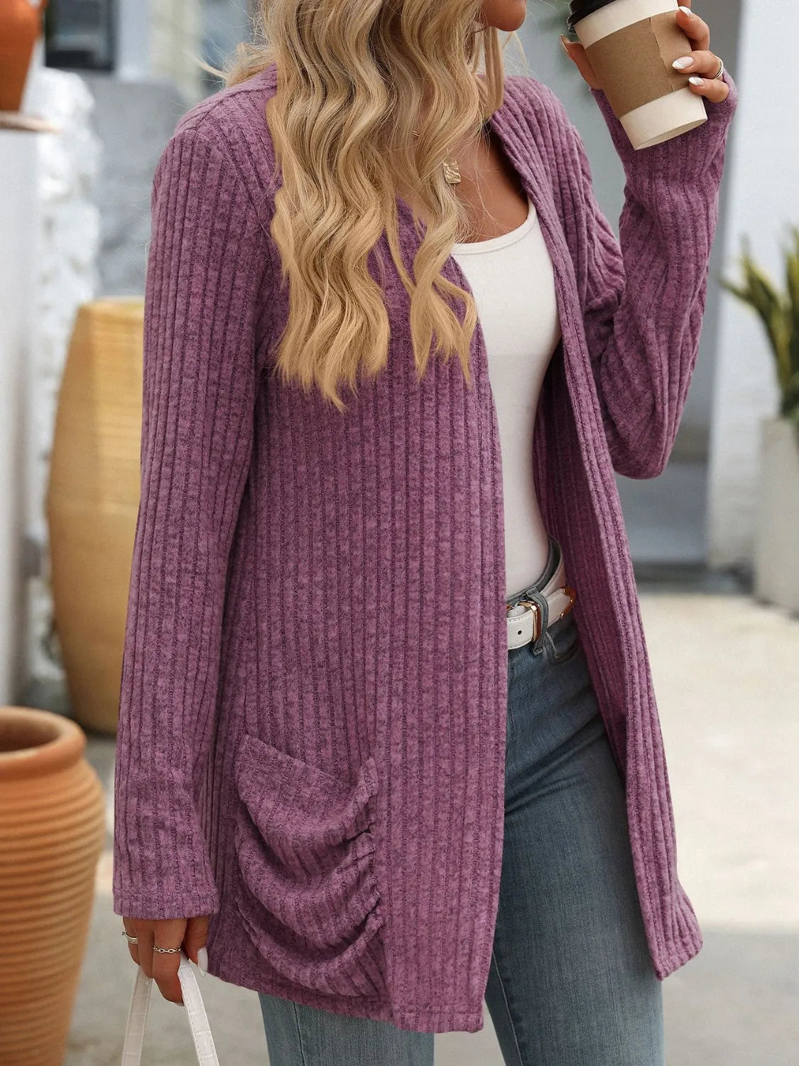 Open Front Long Sleeve Ribbed Cardigan - Wellen Fashion