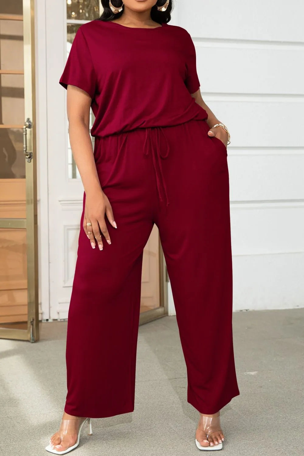 Plus Size Drawstring Waist Short Sleeve Jumpsuit - Wellen Fashion