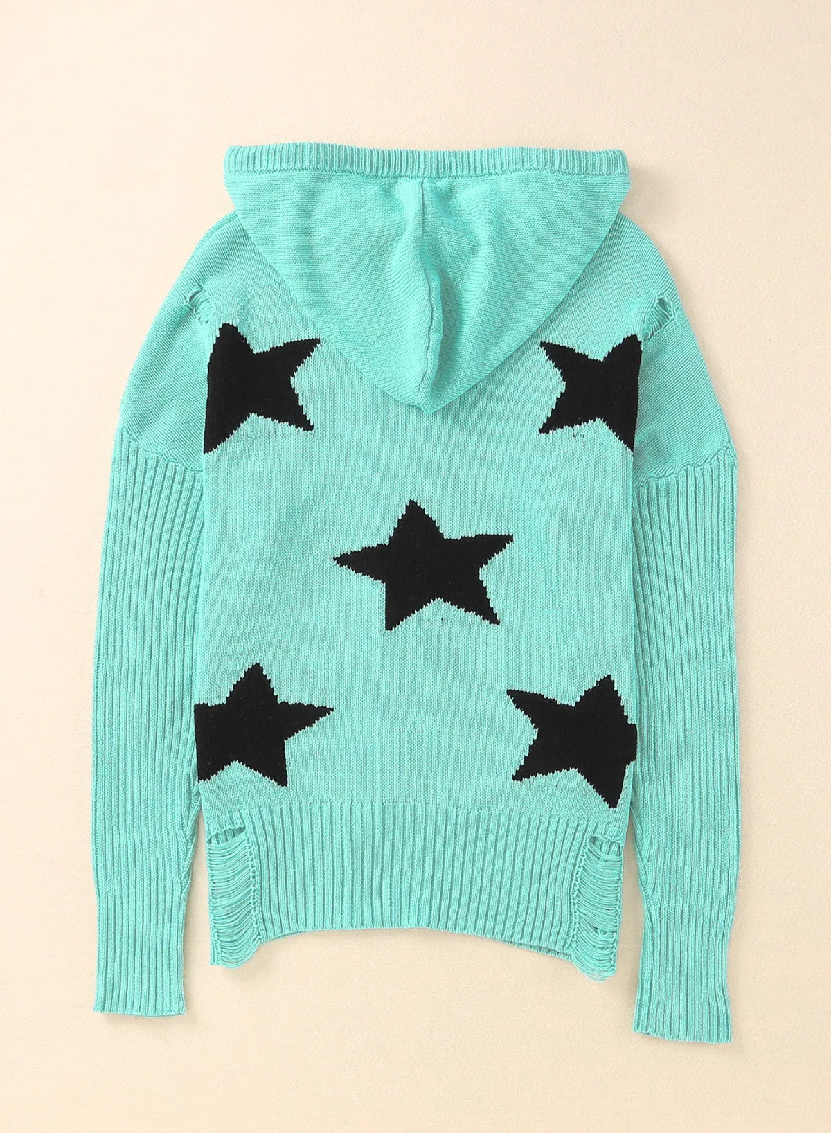 Woven Right Star Distressed Slit Hooded Sweater - Wellen Fashion