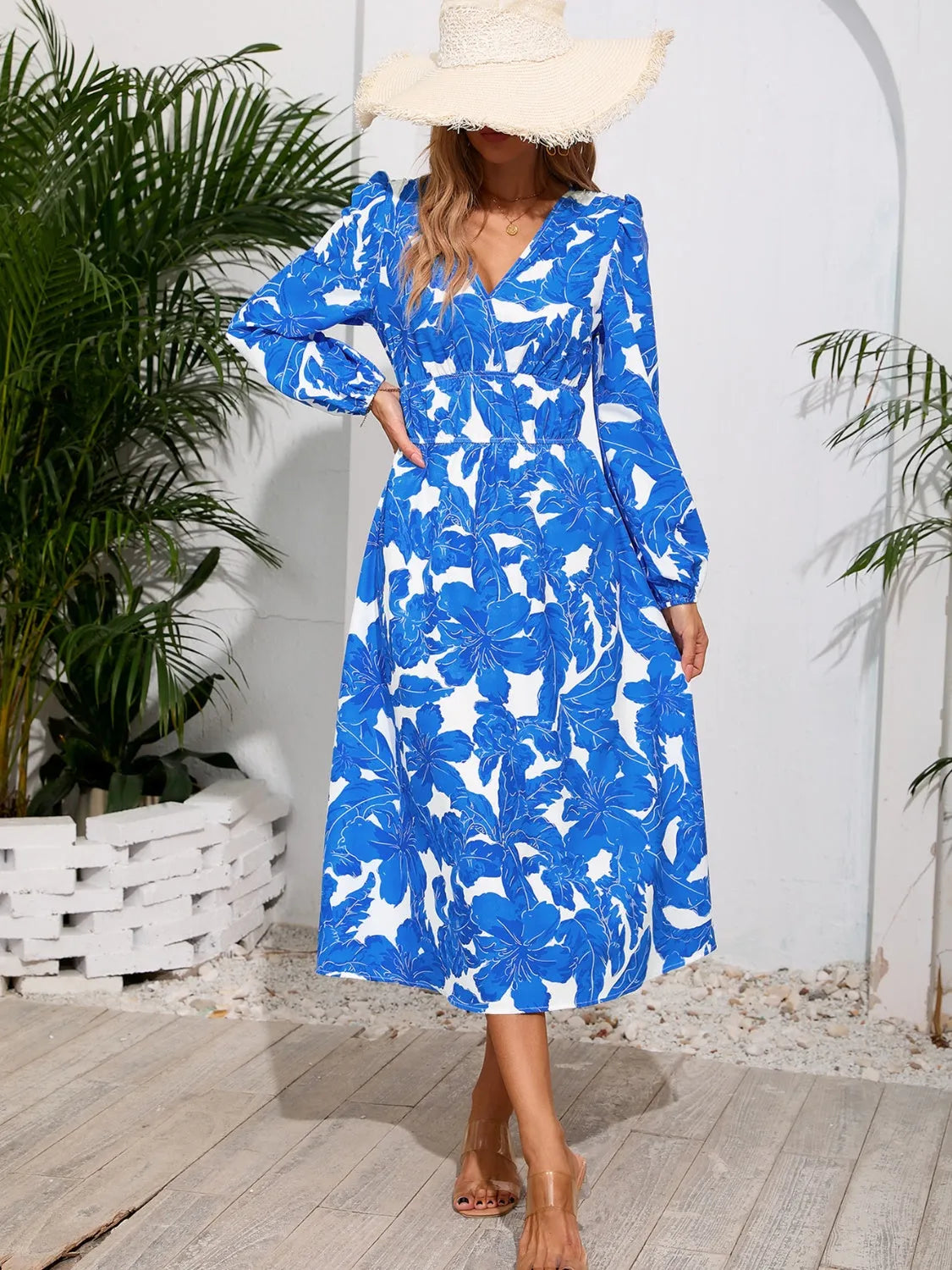 Printed Surplice Long Sleeve Midi Dress - Wellen Fashion