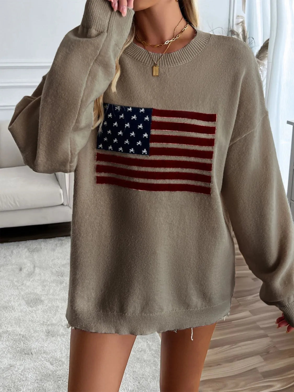 Devine US Flag Round Neck Long Sleeve Knit Top - Wellen Fashion