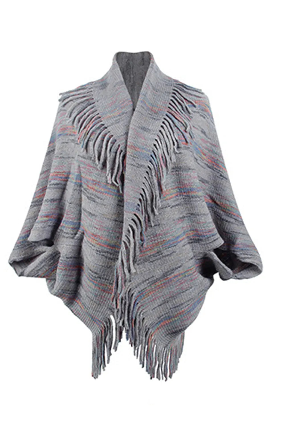 Fringe Detail Printed Poncho - Wellen Fashion