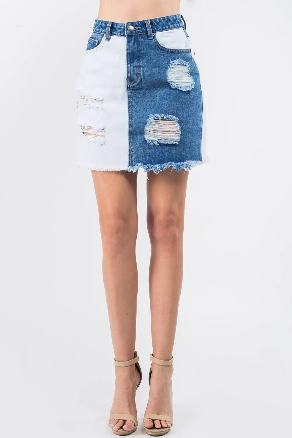 American Bazi Contrast Patched Frayed Denim Distressed Skirts - Wellen Fashion