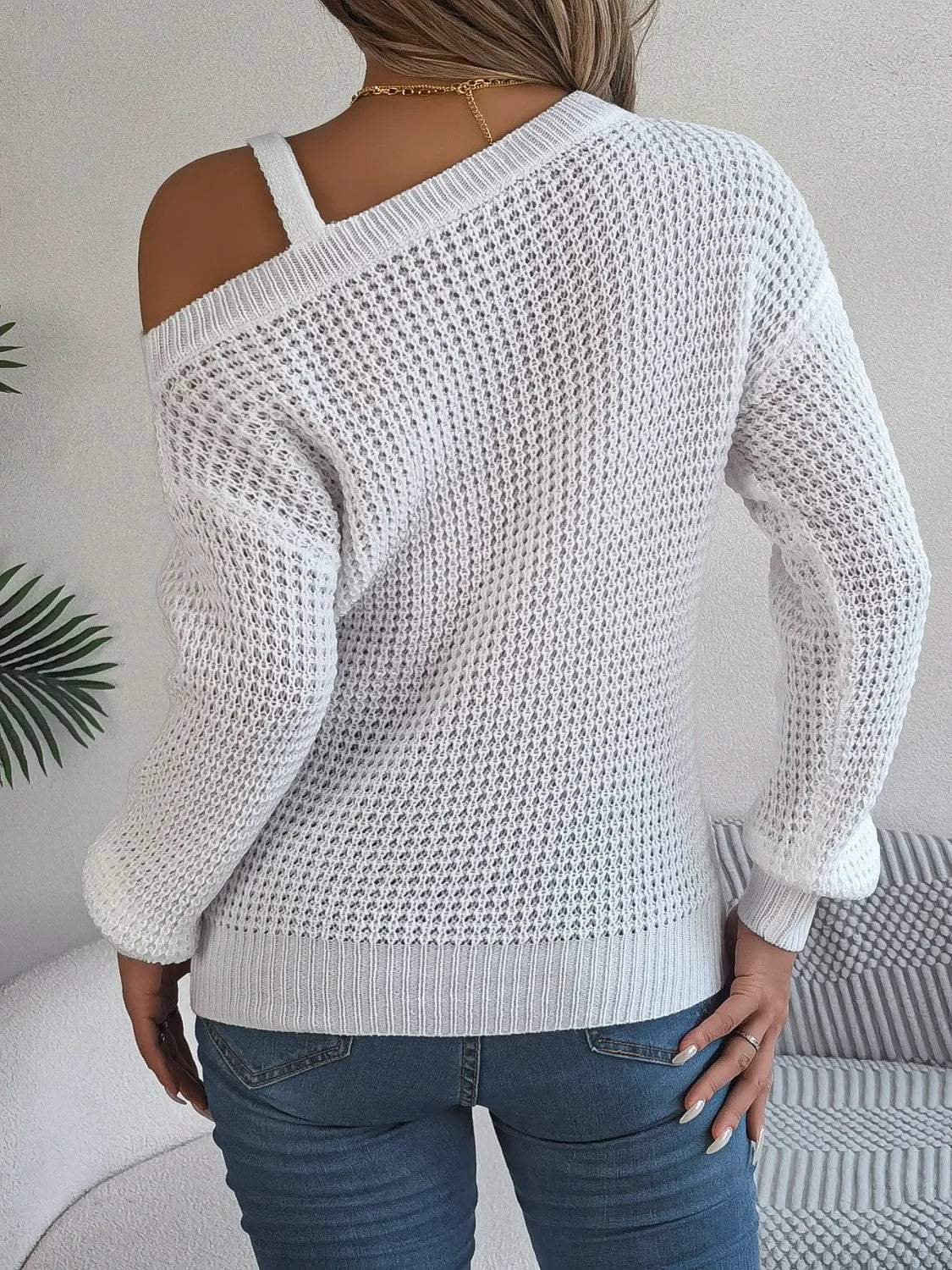 Asymmetrical Neck Long Sleeve Sweater - Wellen Fashion