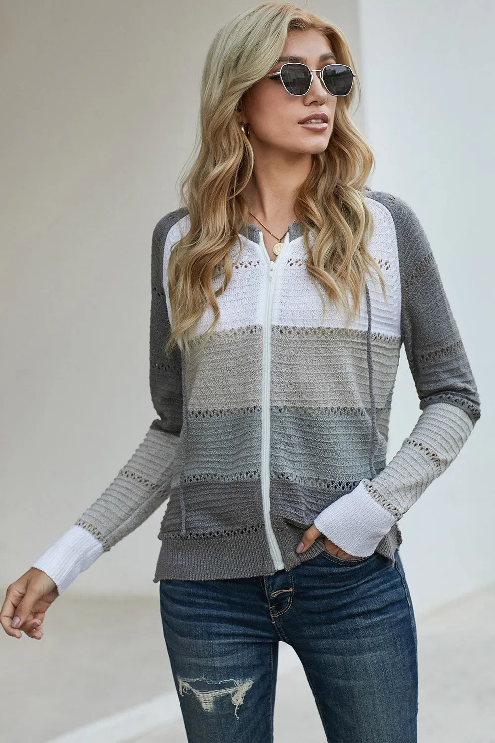 Zip-Up Raglan Sleeve Openwork Hooded Cardigan - Wellen Fashion