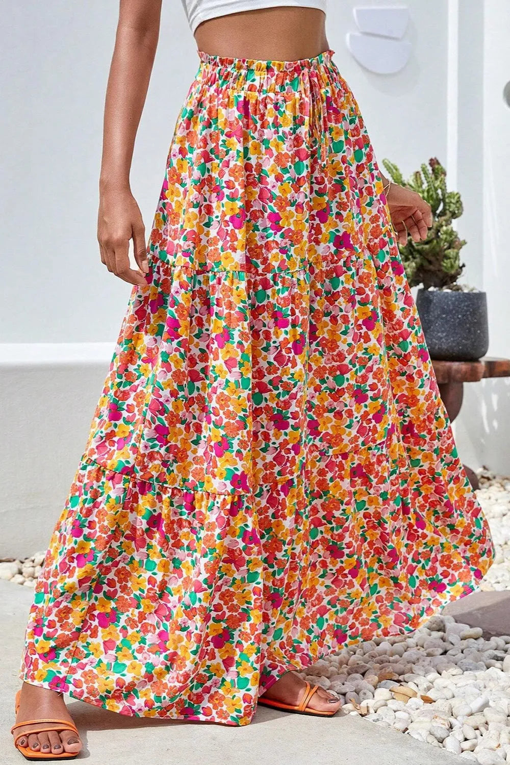 Printed Elastic Waist Maxi Skirt - Wellen Fashion