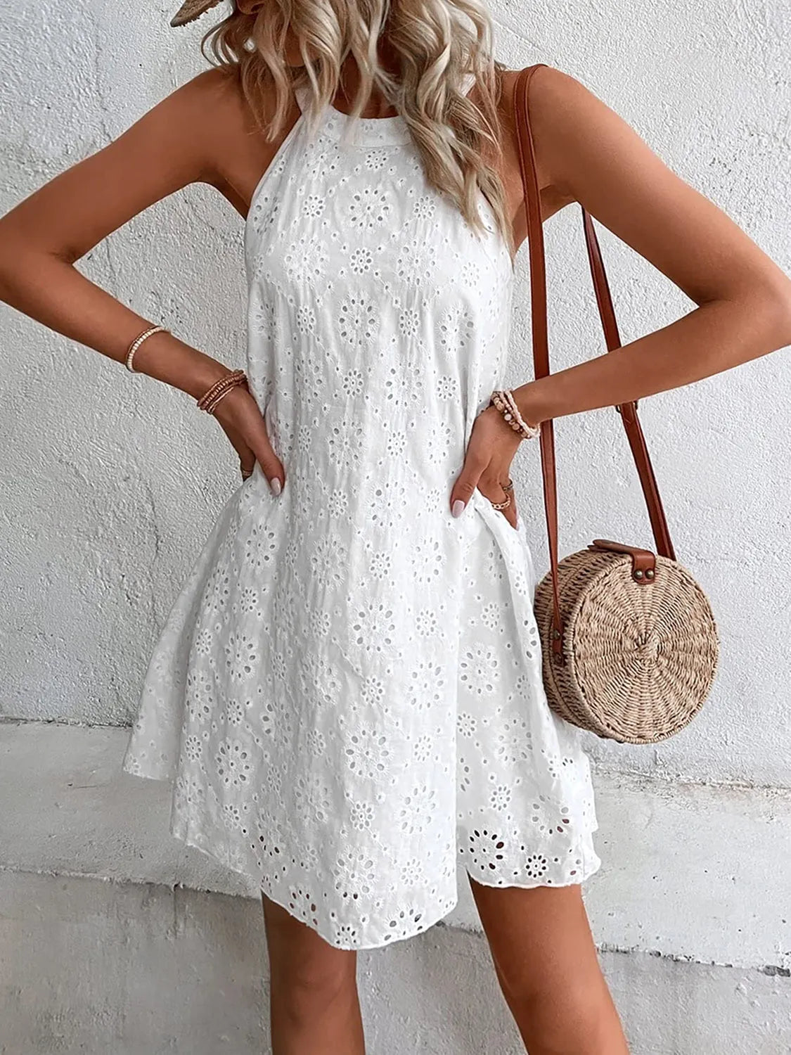 Eyelet Grecian Neck Mini Dress - Wellen Fashion