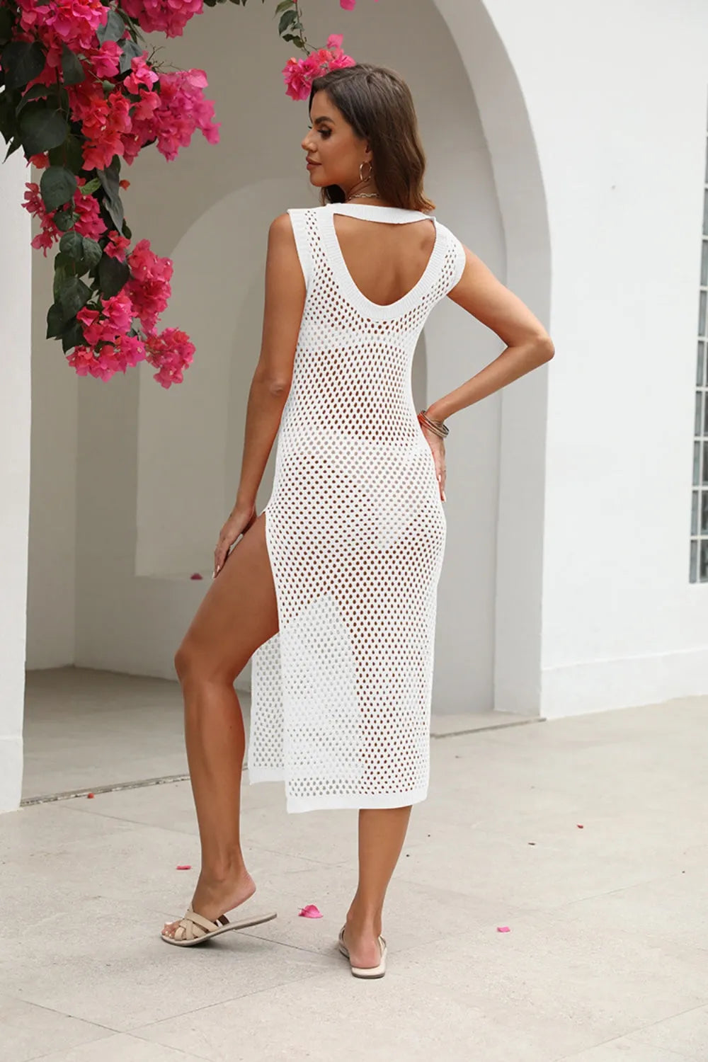 Cutout Openwork Round Neck Sleeveless Cover-Up - Wellen Fashion