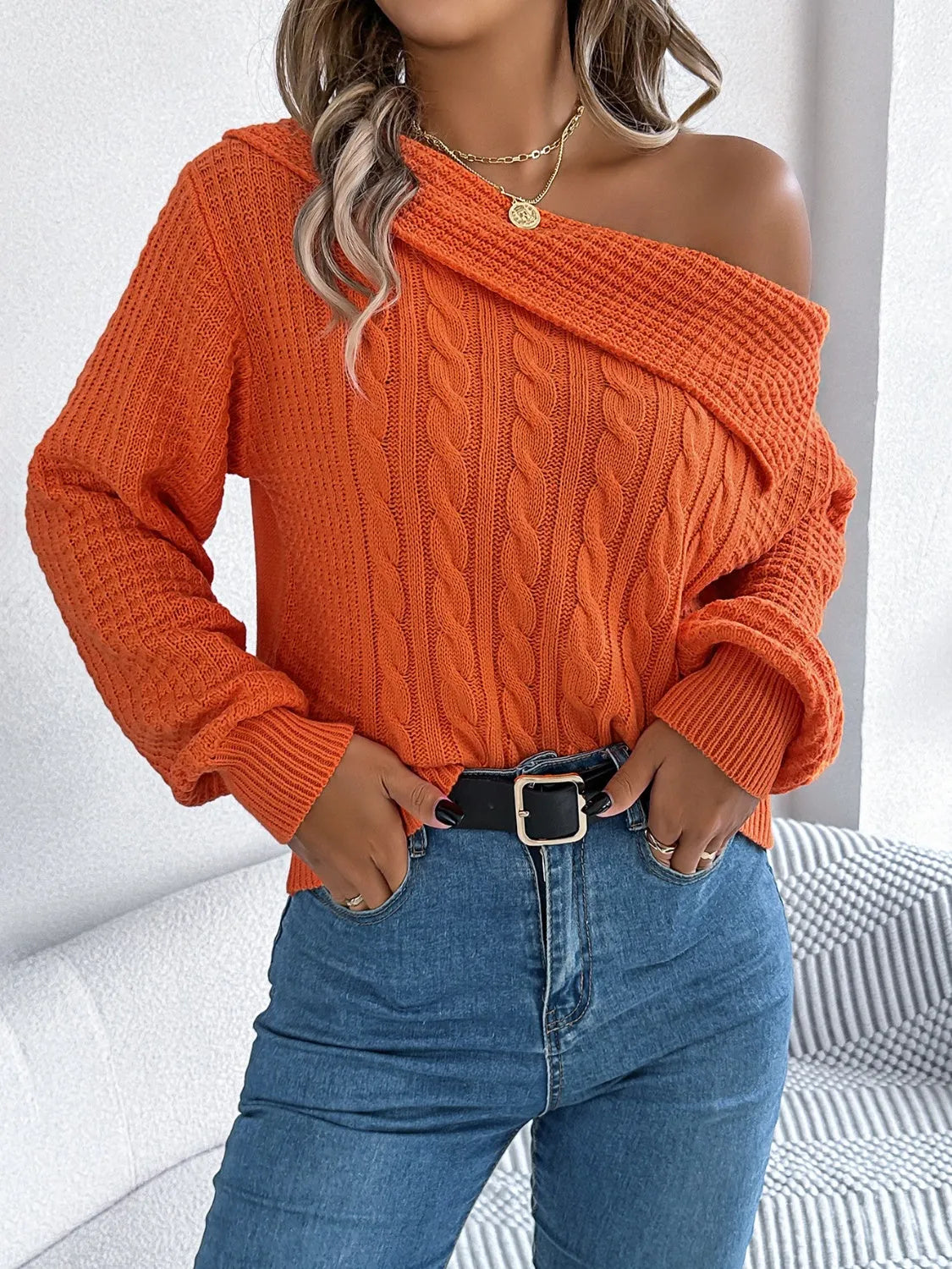 Cable-Knit One Shoulder Long Sleeve Sweater - Wellen Fashion