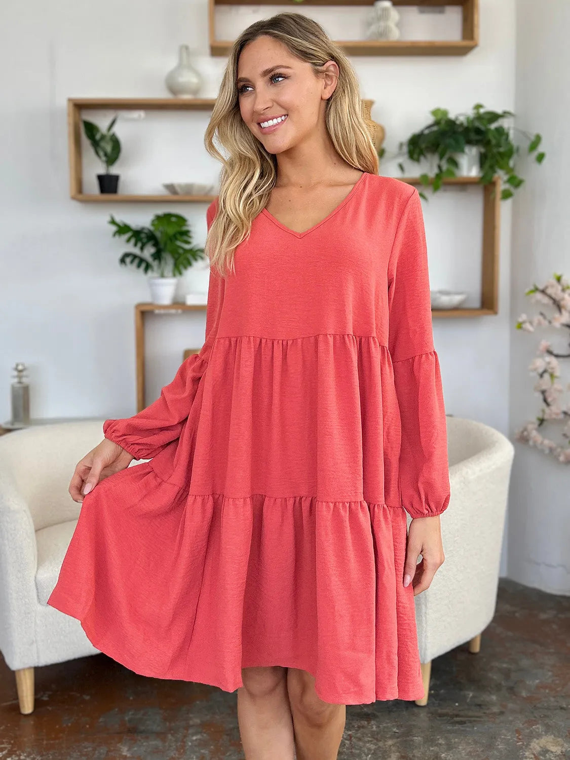 Double Take Full Size V-Neck Balloon Sleeve Tiered Dress with Pockets - Wellen Fashion