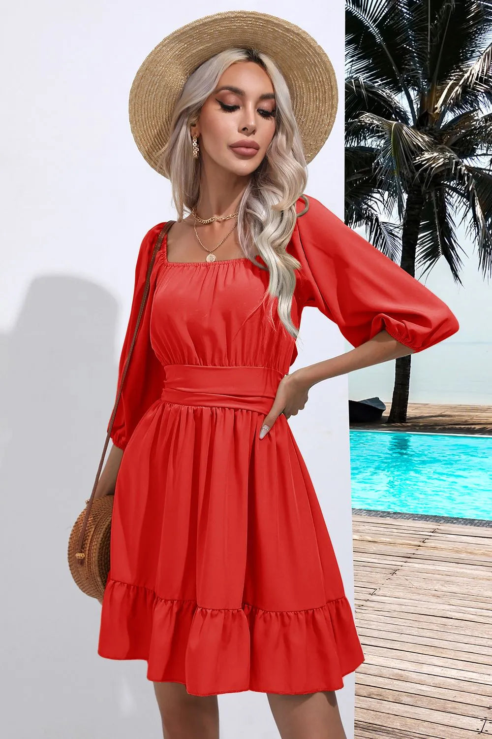 Square Neck Tie Back Ruffle Hem Dress - Wellen Fashion