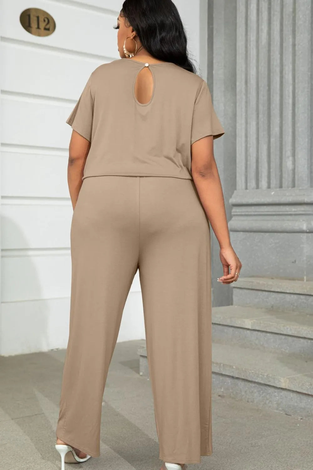 Plus Size Drawstring Waist Short Sleeve Jumpsuit - Wellen Fashion