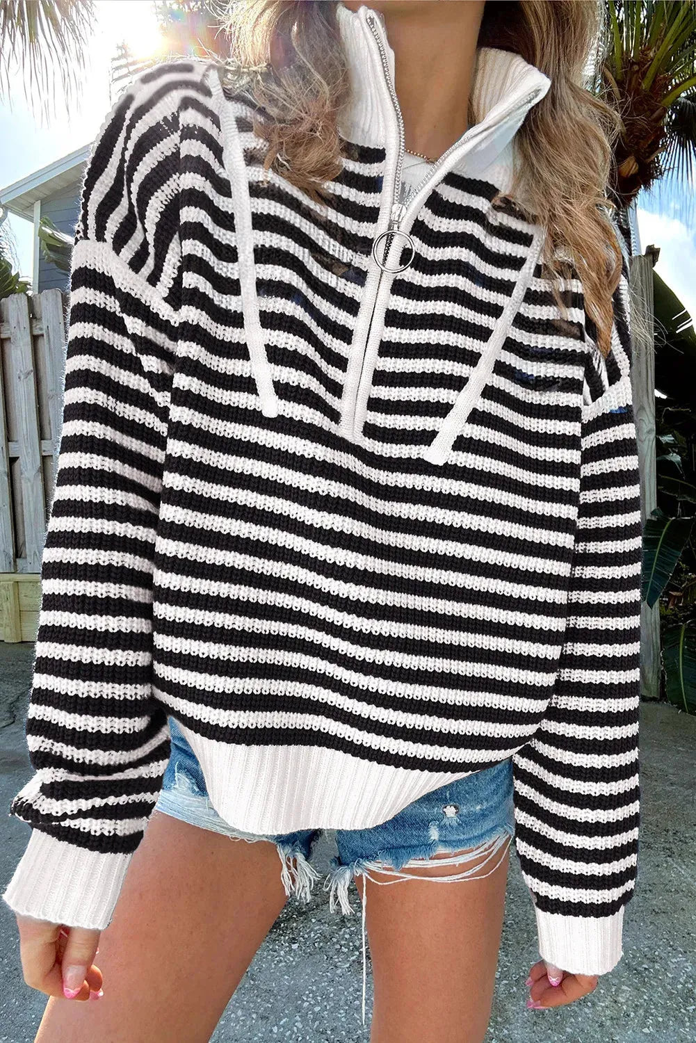 Striped Half Zip Long Sleeve Sweater - Wellen Fashion