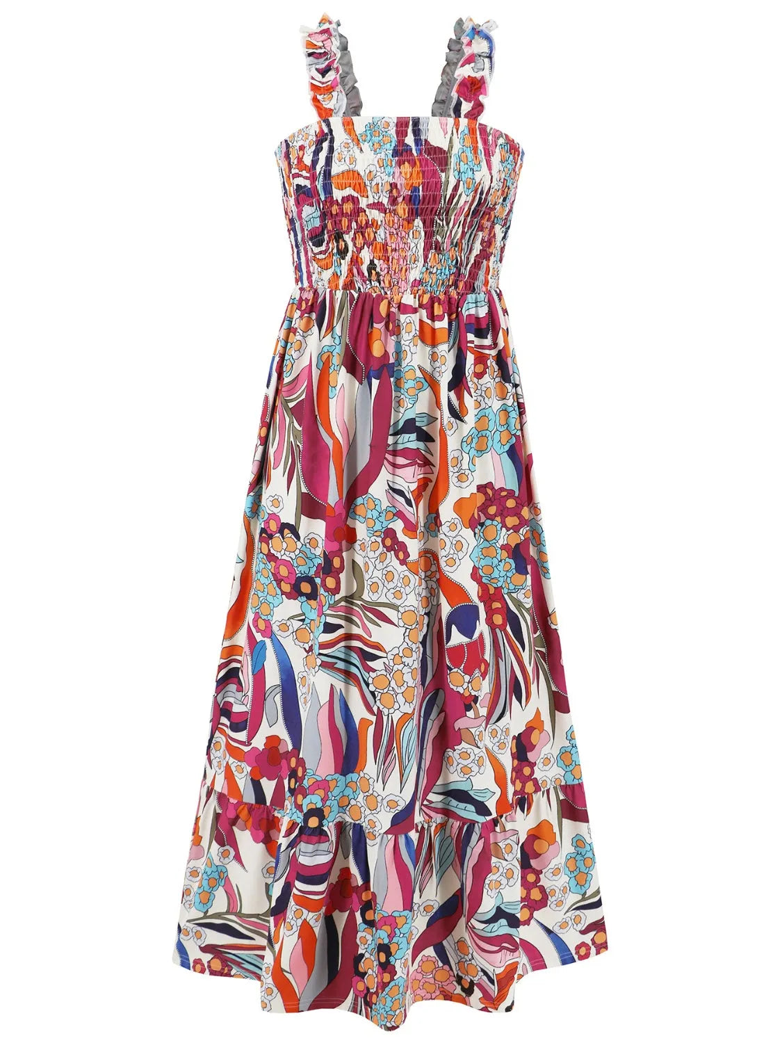 Smocked Printed Square Neck Sleeveless Dress - Wellen Fashion