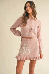 MABLE Floral Embroidered Crop Cardigan and Ruffled Mini Skirt Set - Wellen Fashion