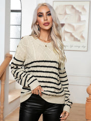 Striped Round Neck Cable-Knit Sweater - Wellen Fashion