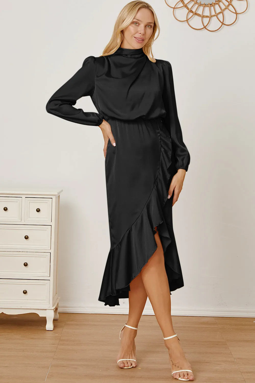 Mock Neck Ruffled Asymmetrical Dress - Wellen Fashion