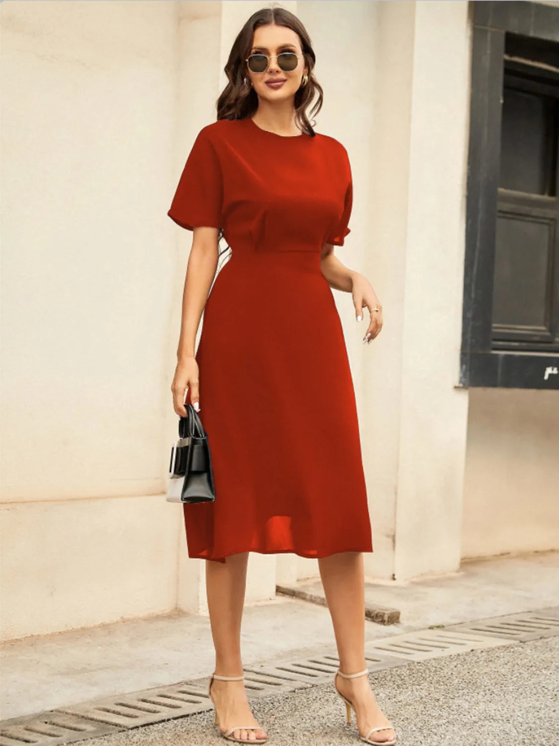 Round Neck Short Sleeve Midi Dress - Wellen Fashion