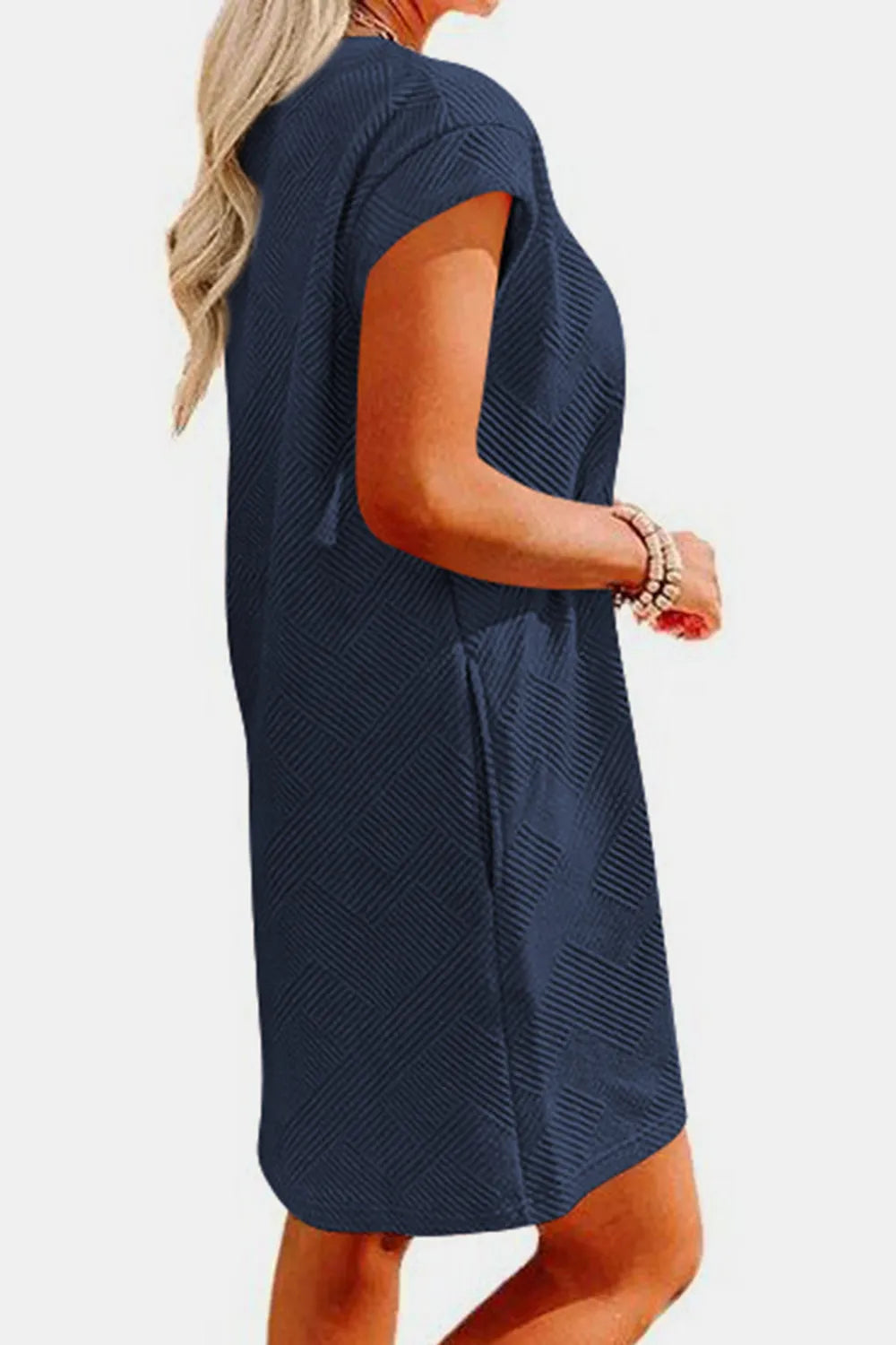 Textured Round Neck Cap Sleeve Dress - Wellen Fashion