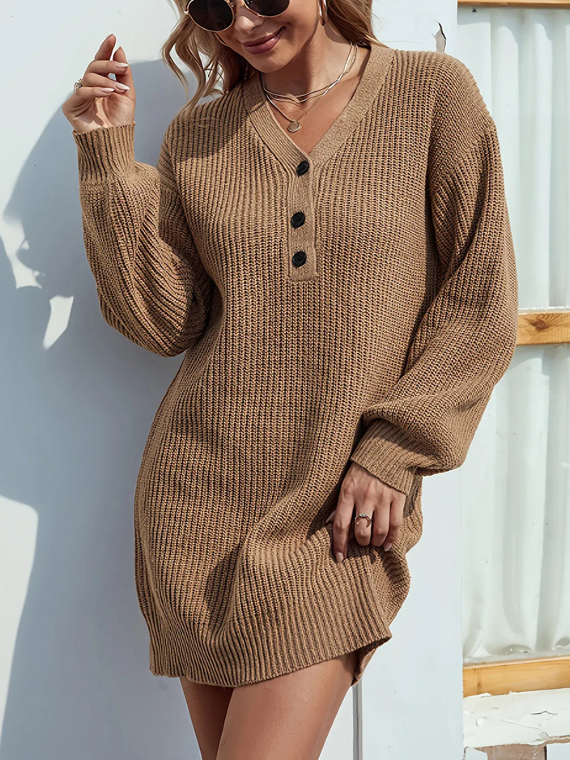 V-Neck Dropped Shoulder Mini Sweater Dress - Wellen Fashion