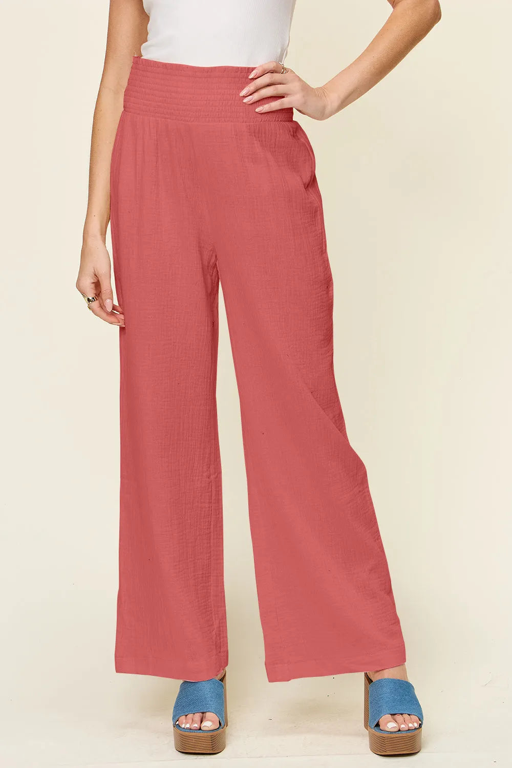 Double Take Full Size Texture Smocked Waist Wide Leg Pants - Wellen Fashion