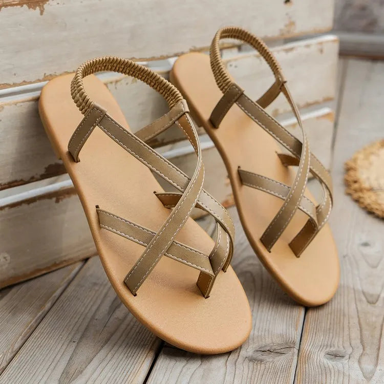 PU Leather Crisscross Flat Sandals - Wellen Fashion