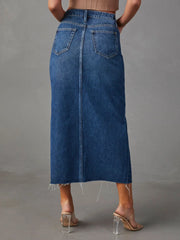 Slit Raw Hem Midi Denim Skirt - Wellen Fashion